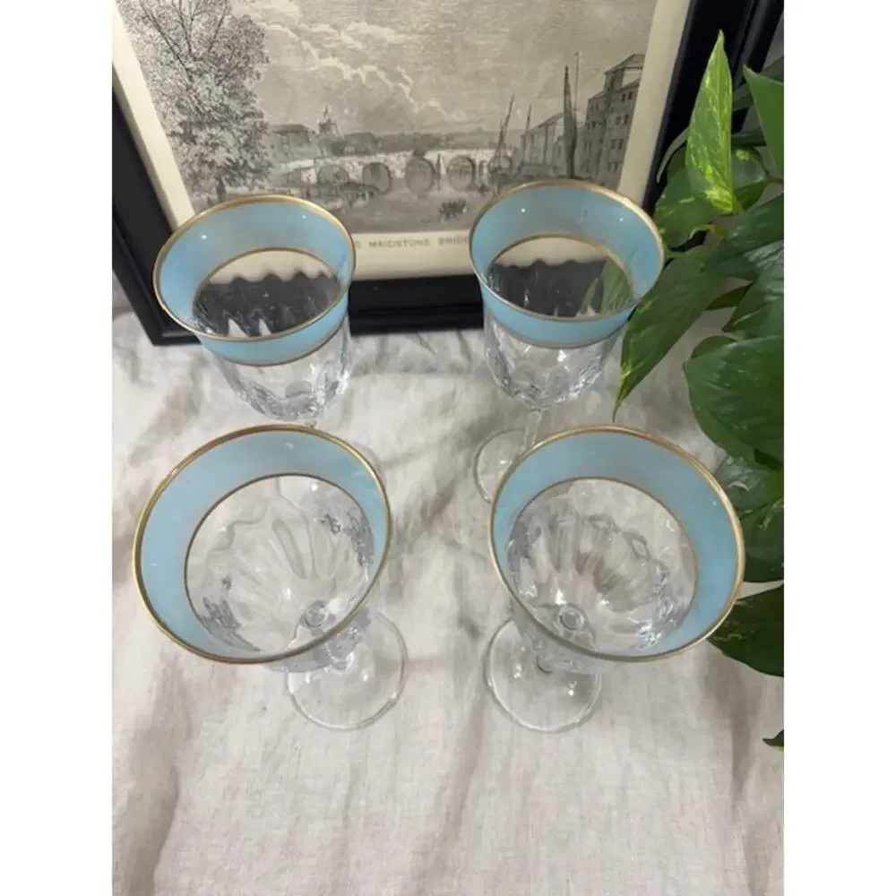 Vintage Frosted Teal Blue & Gold Rimmed Wine Glass Set of 4